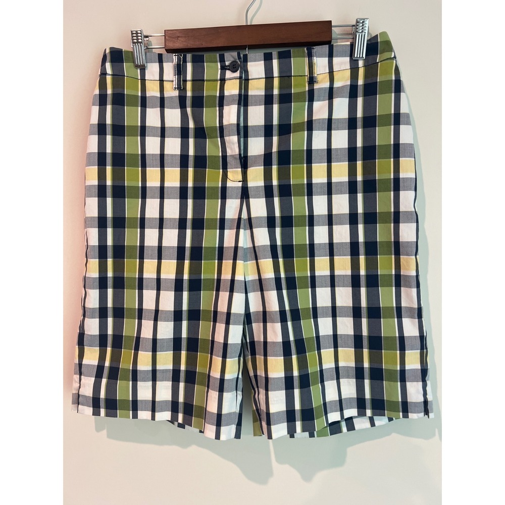 Anne Klein Sport Womens Plaid Bermuda Shorts Green Navy Blue Size 10 Stretch
